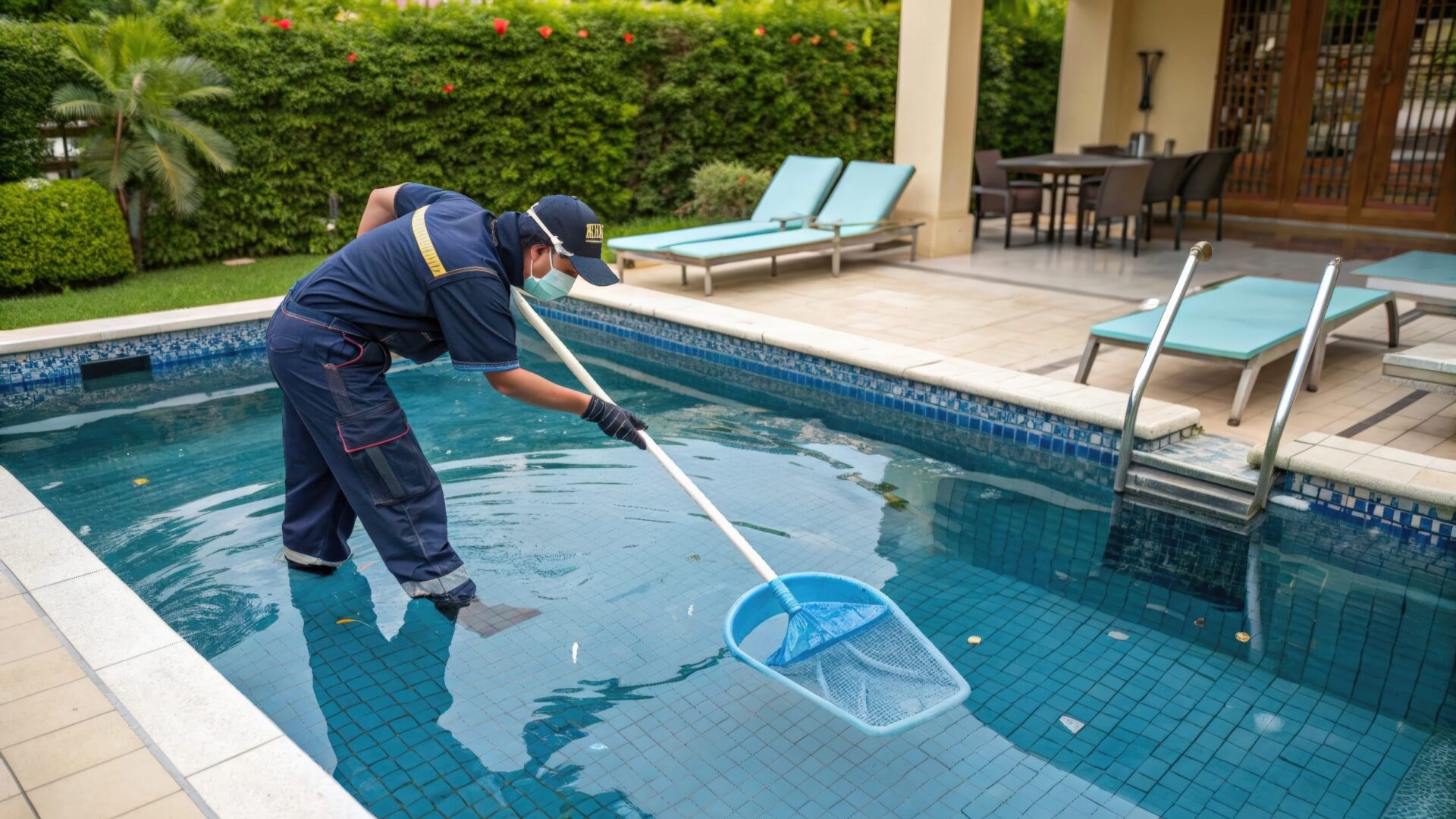 Pool technician performing maintenance on a villa pool