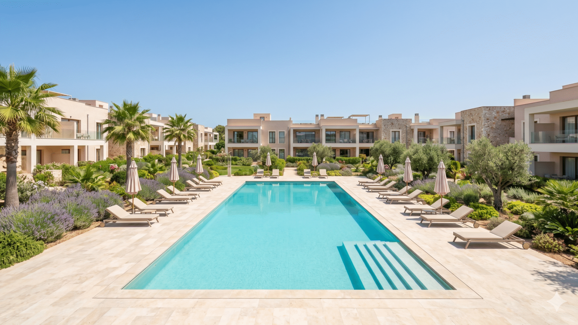 Shared community swimming pool in a Mallorca urbanisation
