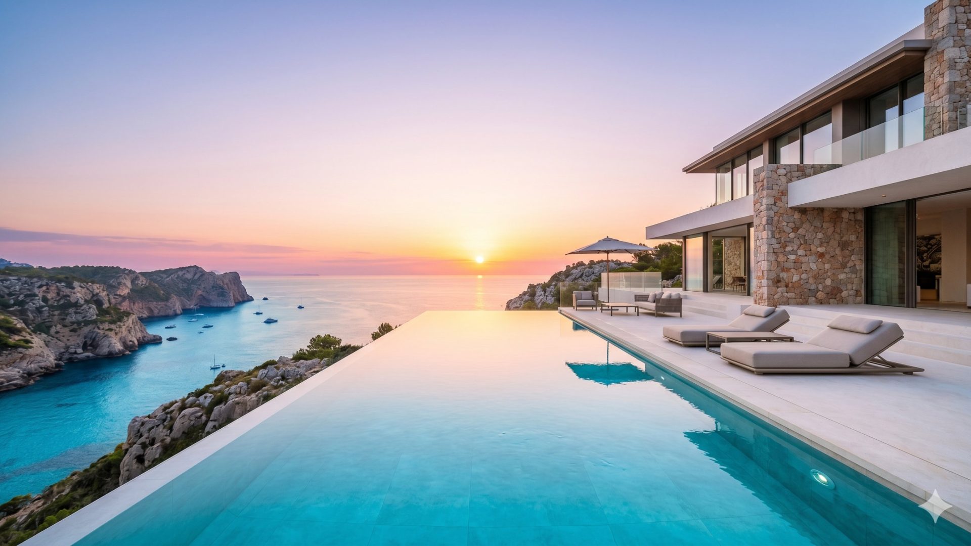 Luxury infinity pool overlooking the sea at sunset, built in Mallorca