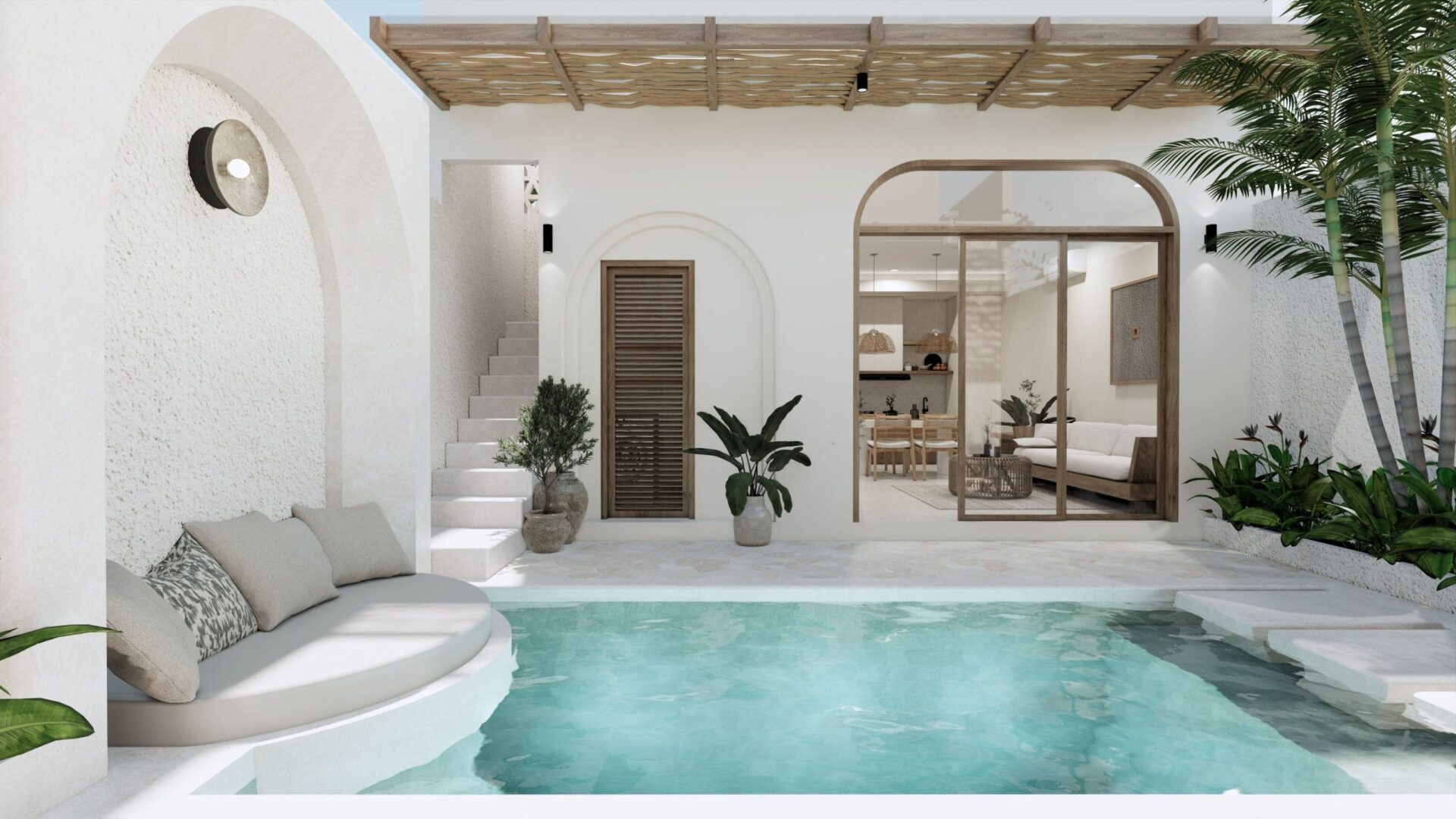 Outdoor swimming pool with sun deck at a holiday villa