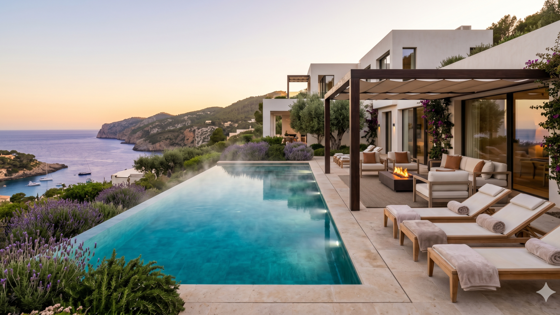 Heated pool with automatic cover at a Mallorca villa at dusk