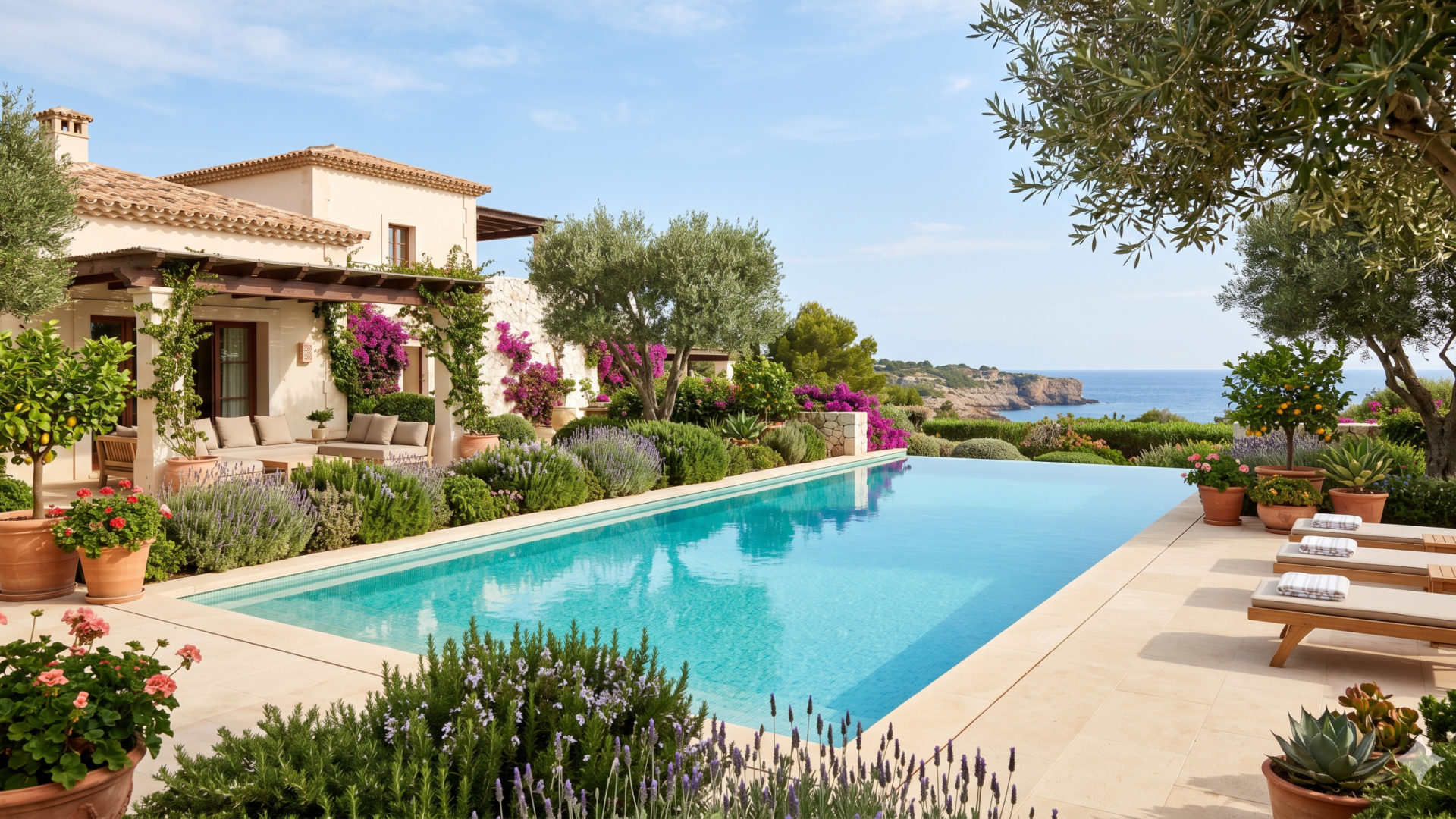 Clean, well-maintained pool with sea view at a Mallorca villa