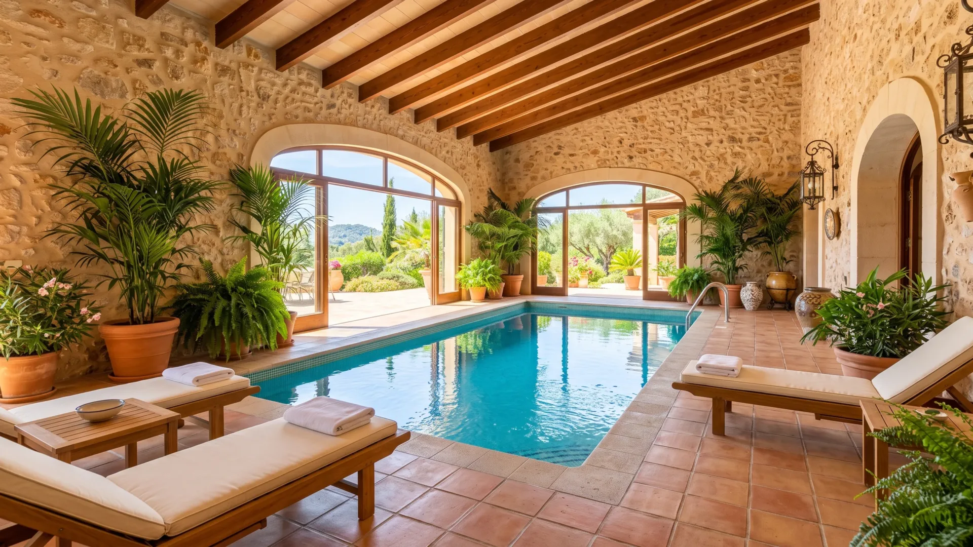 Indoor pool with stone walls and wooden beams inside a Mallorca finca